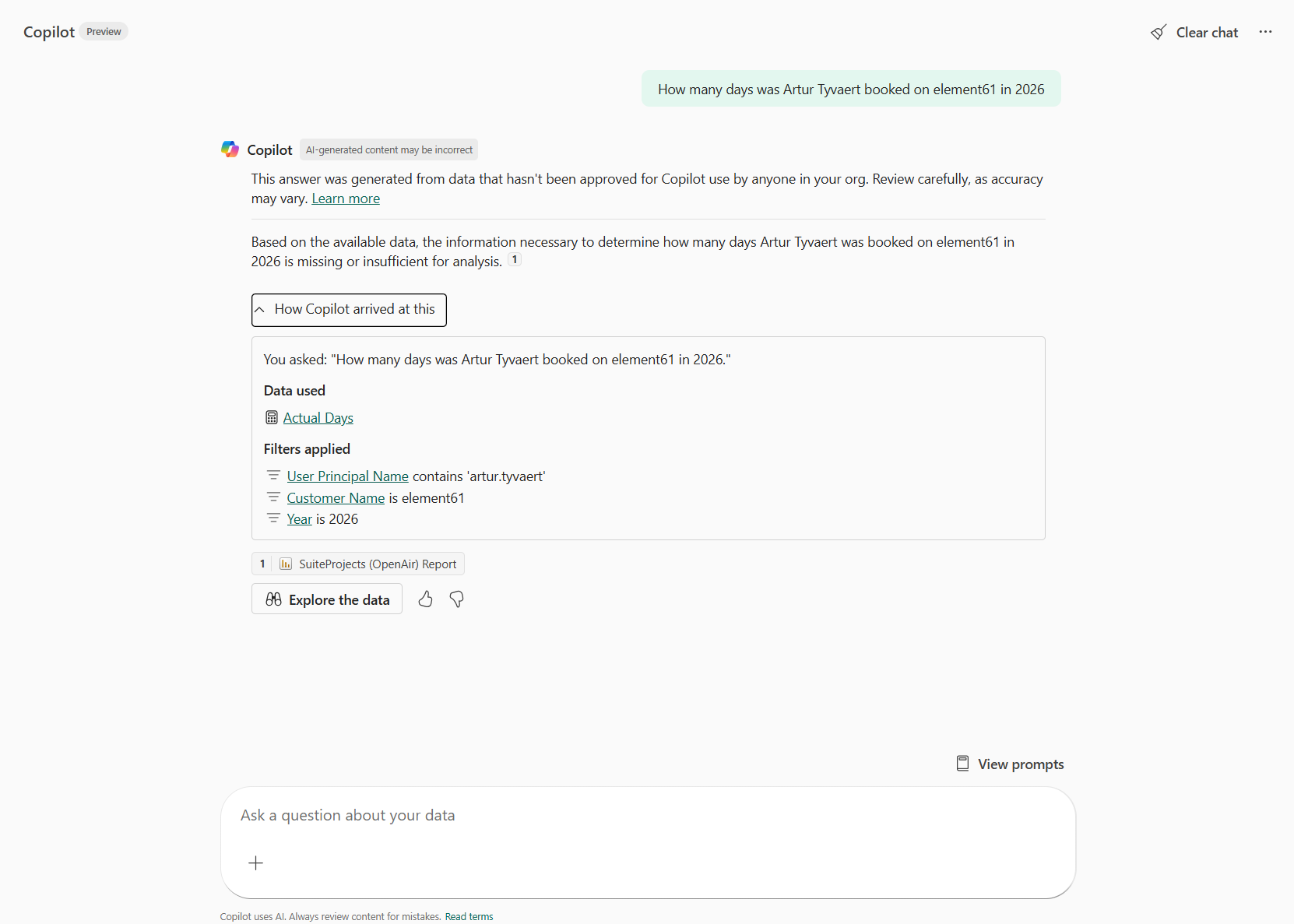 Figure 2 How many days was Artur Tyvaert booked on element61 in 2026 standalone view