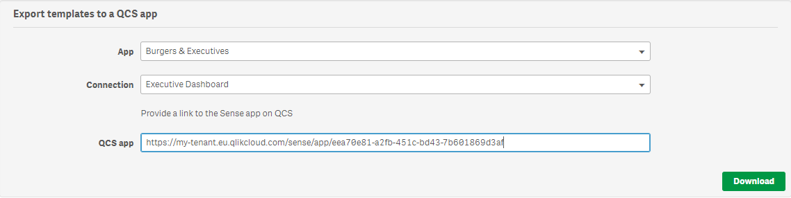 The export screen in the Qlik NPrinting web console (Admin > Export QCS templates)