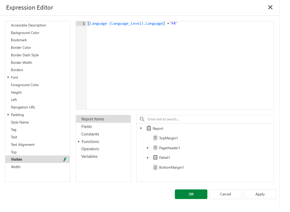 The Visible condition of the French text box in the Expression Editor.