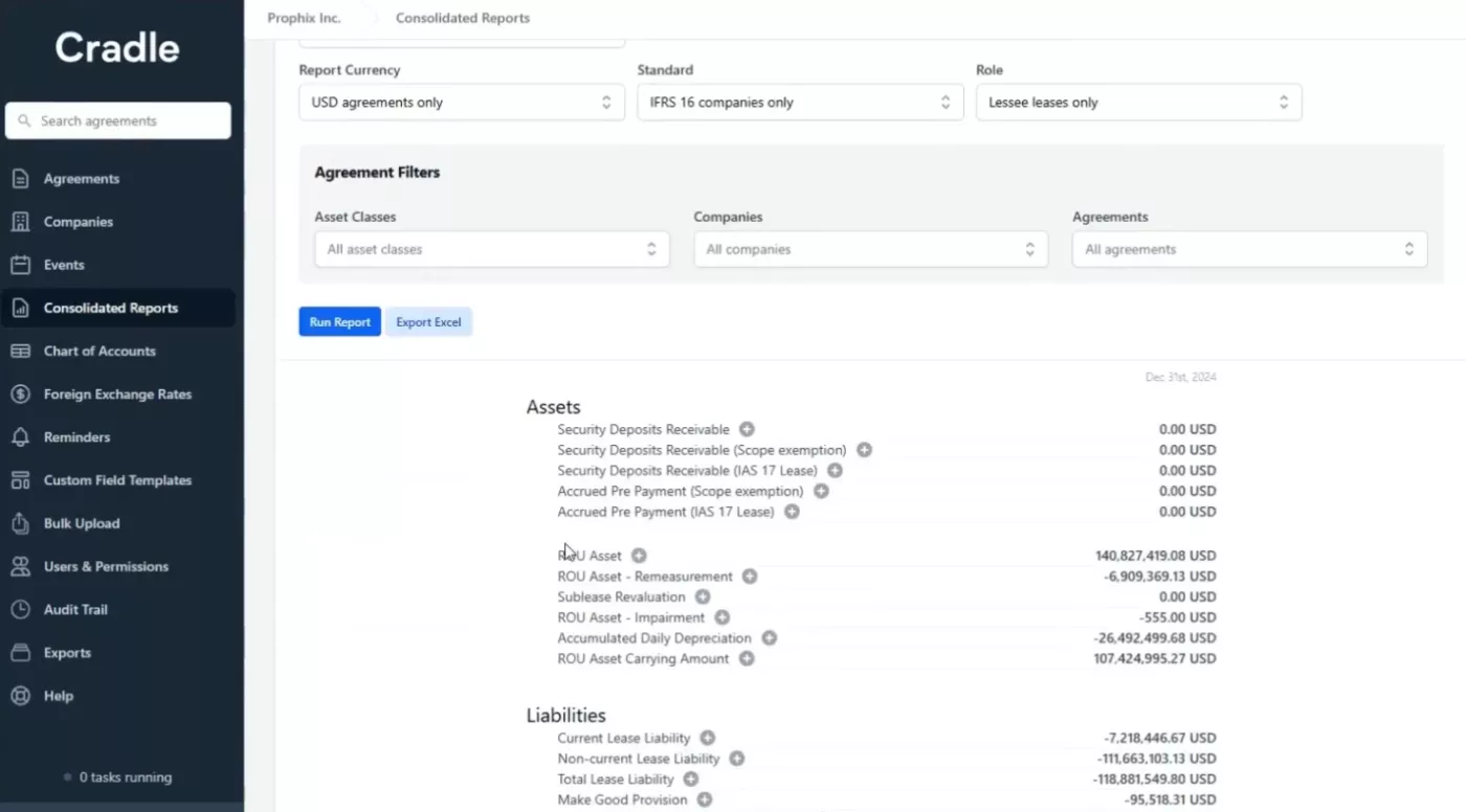 Cradle agreement filters prophix one lease management