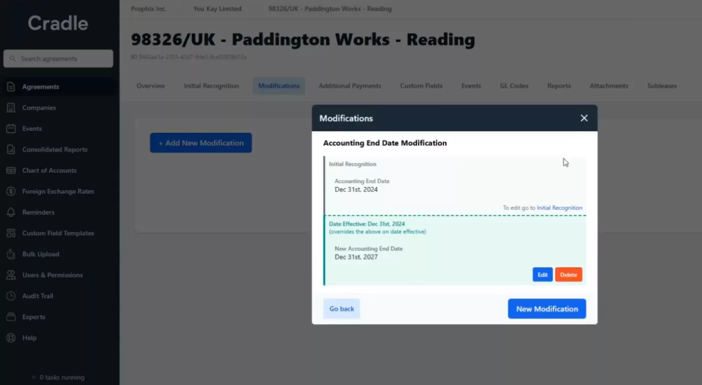 Cradle paddington works accounting end date modifications prophix one lease management
